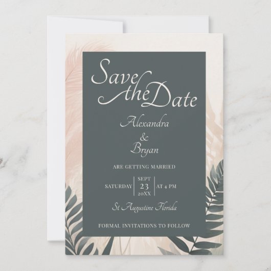 Boho Pampas Grass & Fern Wedding retten das Datum Einladung (Vorderseite)