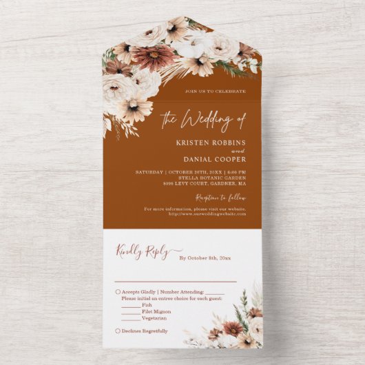 Boho Pampas Grass Flora Terrakotta Herbsthochzeit All In One Einladung (Innen Boden)