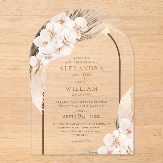 Boho Pampas Grass Floral Arch Wedding Acryleinladungen (Vorderseite)