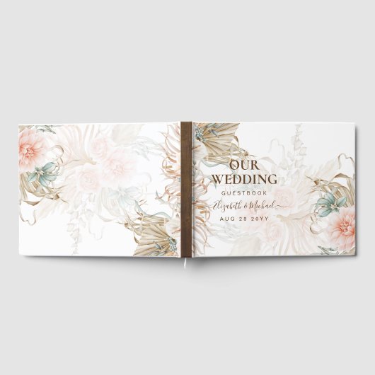 BOHO Pampas Grass Floral Coral Sage Wedding Gästebuch (Voll)