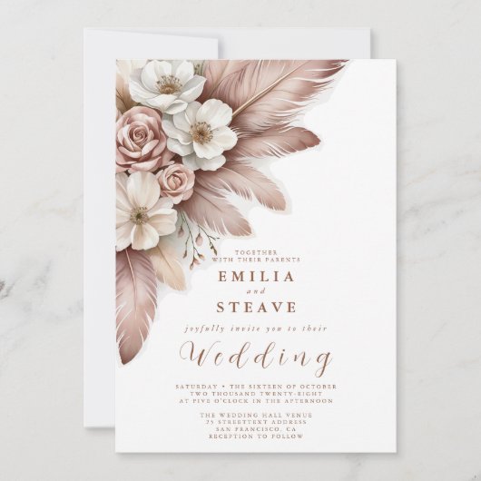 Boho Pampas Grass Floral Cream Rose Hochzeit Einladung (Vorderseite)