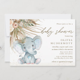Boho Pampas Grass Floral Elephant Baby Shower Boy Einladung
