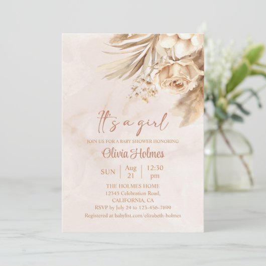 Boho Pampas Grass Floral Es ist eine Girl Baby Dus Einladung (Stehend Vorderseite)