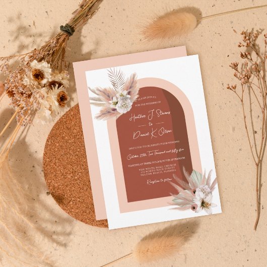 Boho Pampas Grass Floral Pink Terracotta Wedding Einladung