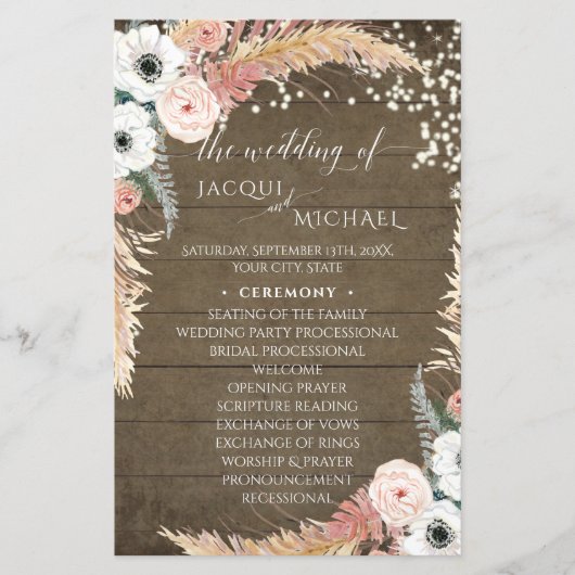 Boho Pampas Grass Floral Rustic Wedding Programm (Vorderseite)