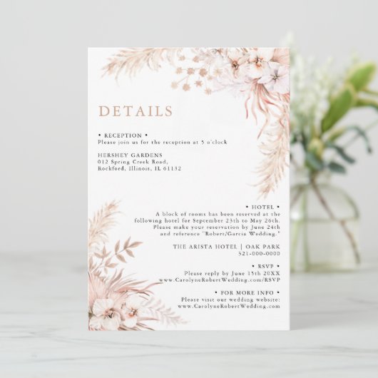 Boho Pampas Grass Floral Wedding Details Einladung (Stehend Vorderseite)