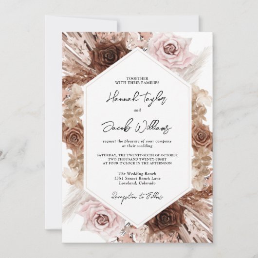 Boho Pampas Grass Floral Wedding Einladung (Vorderseite)