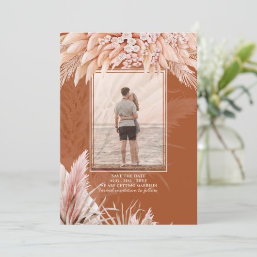 BOHO Pampas Grass FOTO Terracotta Save the Date (Stehend Vorderseite)