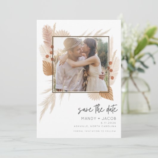 Boho Pampas Grass Foto Wedding Save the Date (Stehend Vorderseite)