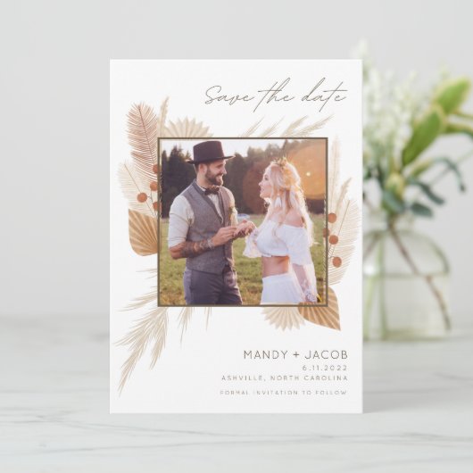 Boho Pampas Grass Foto Wedding Save the Date (Stehend Vorderseite)