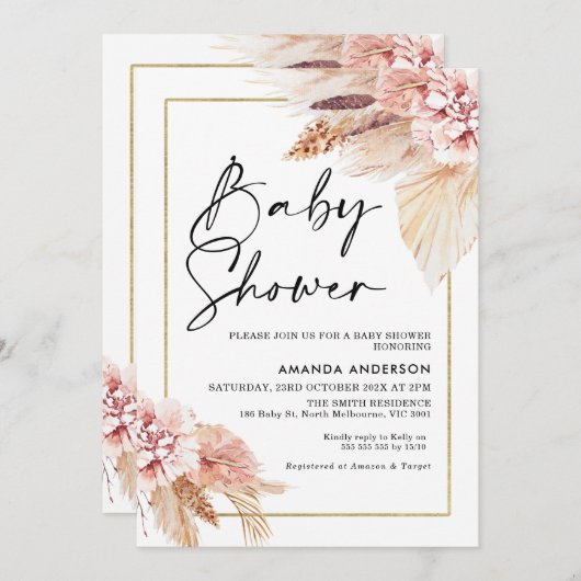 Boho Pampas Grass Frame Baby Dusche Einladung (Vorne/Hinten)