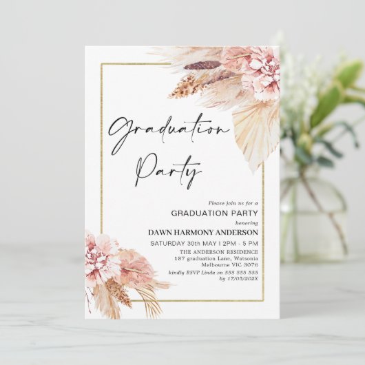 Boho Pampas Grass Frame Graduation Party Einladung (Stehend Vorderseite)