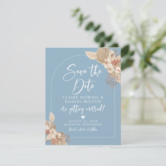 Boho Pampas Grass French Blue Save the Date (Stehend Vorderseite)