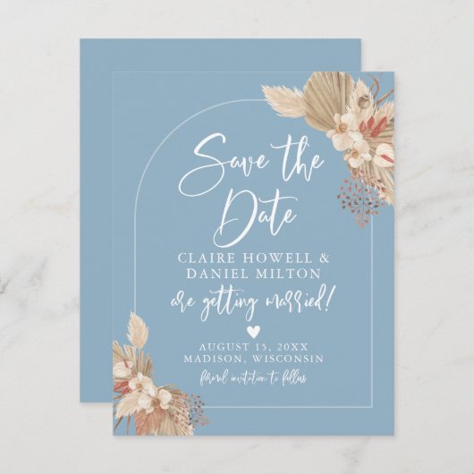 Boho Pampas Grass French Blue Save the Date (Vorne/Hinten)