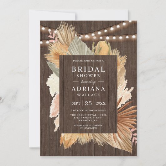 Boho Pampas Grass getrocknetes Palmholz-Brautparty Einladung (Vorderseite)