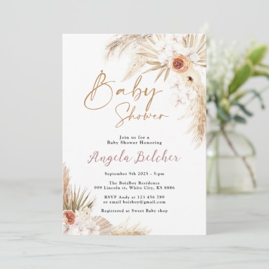 Boho pampas Grass Girl Baby Dusche Einladung (Stehend Vorderseite)
