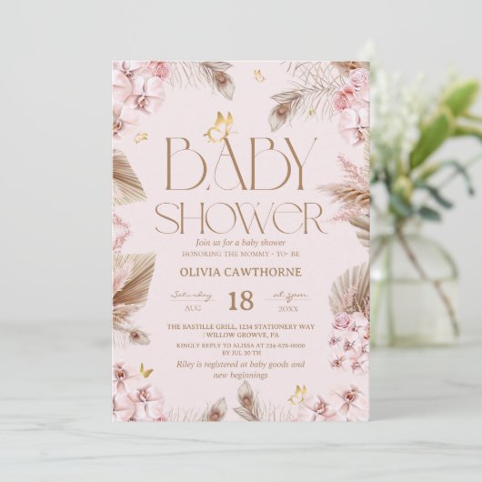 Boho Pampas Grass Girl Baby Shower  Invitation Einladung (Stehend Vorderseite)