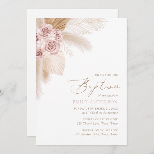 Boho Pampas Grass Girl Taufe Einladung (Vorne/Hinten)