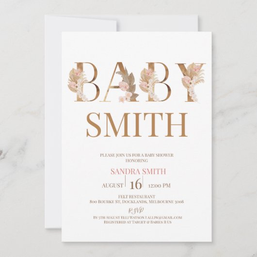 Boho Pampas Grass Girls Baby Word Baby Shower Einladung (Vorderseite)