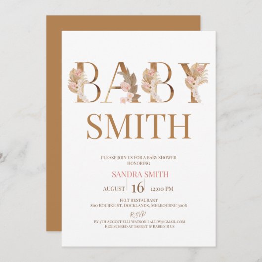 Boho Pampas Grass Girls Baby Word Baby Shower Einladung (Vorne/Hinten)