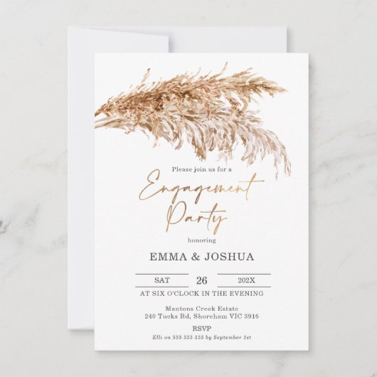 Boho Pampas Grass Gold Calligrafy Verlobung Einladung (Vorderseite)