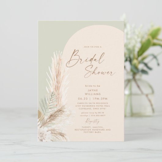 Boho Pampas Grass Gold Geometric Sage Bridal Einladung (Stehend Vorderseite)