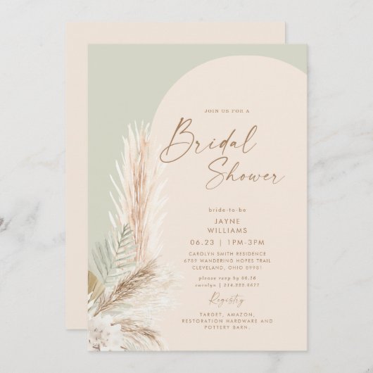 Boho Pampas Grass Gold Geometric Sage Bridal Einladung (Vorne/Hinten)