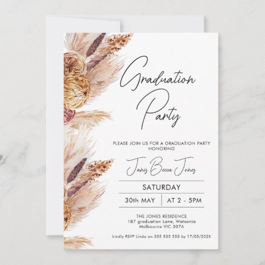 Boho Pampas Grass Graduation Party Einladung (Vorderseite)