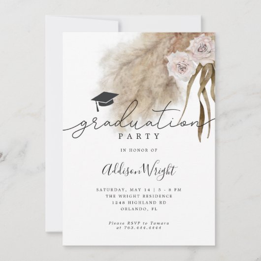 Boho Pampas Grass Graduation Party Foto Einladung (Vorderseite)