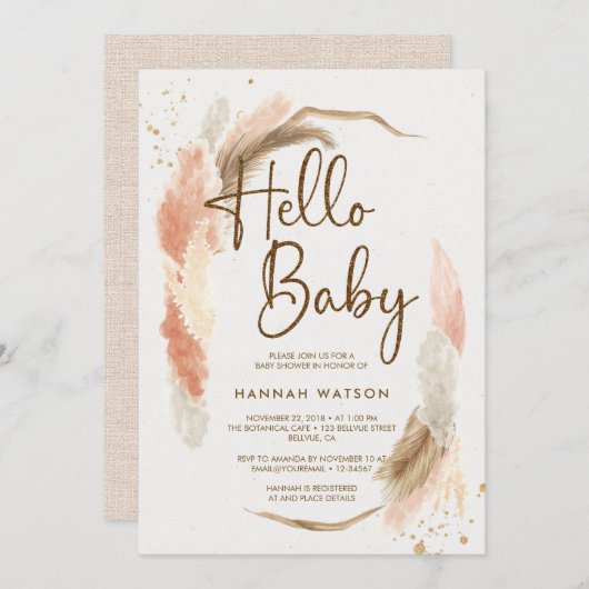 Boho Pampas Grass Hello Baby Shower Einladung (Vorne/Hinten)