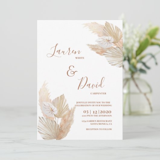 Boho Pampas Grass Hochzeit Einladung (Stehend Vorderseite)