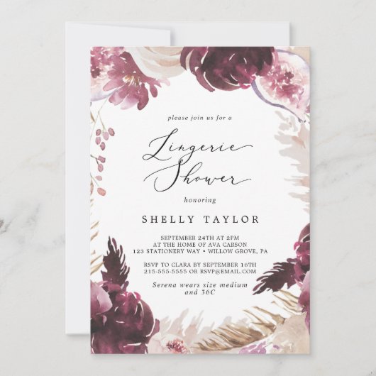 Boho Pampas Grass Lingerie Dusche Einladung (Vorderseite)