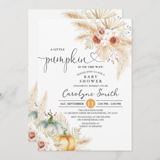 Boho Pampas Grass Little Pumpkin Baby Shower Einladung (Vorne/Hinten)