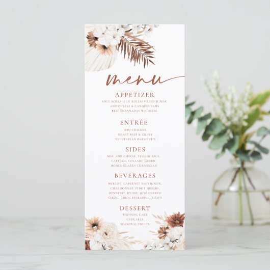 Boho Pampas Grass Menu Menükarte (Stehend Vorderseite)