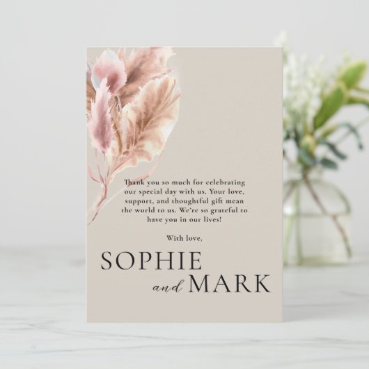 Boho Pampas Grass Minimalistisch mit Foto Hochzeit Dankeskarte (Stehend Vorderseite)