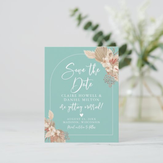 Boho Pampas Grass Mint Sage Save the Date (Stehend Vorderseite)