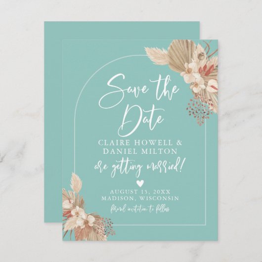 Boho Pampas Grass Mint Sage Save the Date (Vorne/Hinten)