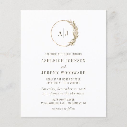 Boho Pampas Grass Monogram Wedding Einladung (Vorderseite)