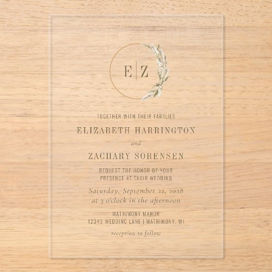 Boho Pampas Grass Monogram Wreath Wedding Acryleinladungen (Vorderseite)