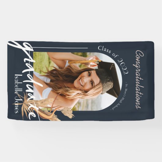 Boho Pampas Grass Navy Foto Abschluss Banner (Horizontal)