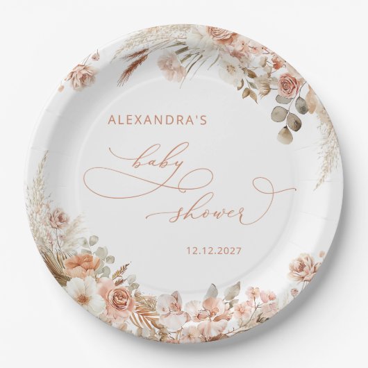 Boho Pampas Grass Neutral Baby Dusche Moderne Pappteller (Vorderseite)