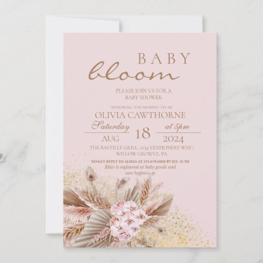 Boho Pampas Grass Neutral Blume Baby Girl Shower Einladung (Vorderseite)