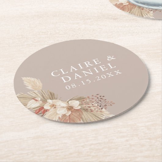 Boho Pampas Grass Neutrals Hochzeit Runder Pappuntersetzer (Angewinkelt)