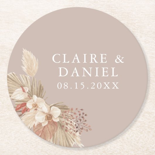 Boho Pampas Grass Neutrals Hochzeit Runder Pappuntersetzer (Vorderseite)