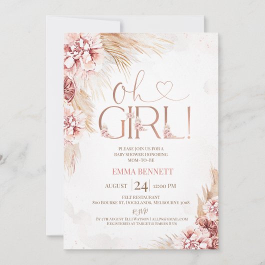 Boho Pampas Grass Oh Girl Baby Dusche Einladung (Vorderseite)