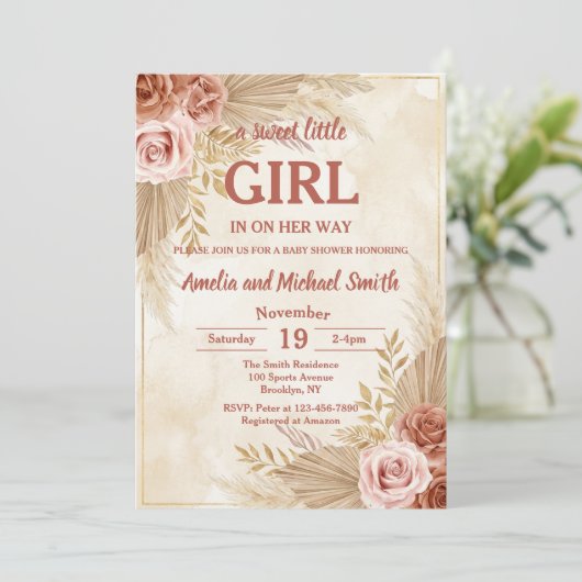 Boho Pampas Grass Oh Girl Baby Shower Einladung (Stehend Vorderseite)