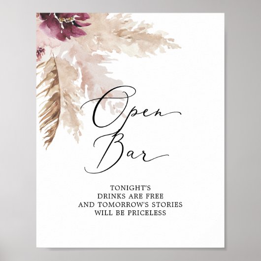 Boho Pampas Grass Open Bar Sign Poster (Vorne)