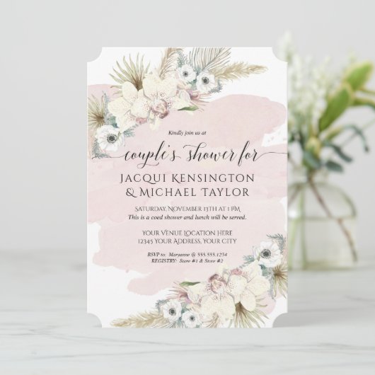 Boho Pampas Grass Orchid Floral Couples Dusche Einladung (Stehend Vorderseite)
