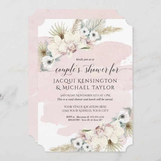 Boho Pampas Grass Orchid Floral Couples Dusche Einladung (Vorne/Hinten)