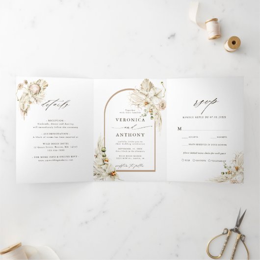 Boho Pampas Grass Orchid Floral Wedding Foto Dreifach Gefaltete Einladung (Innenseite)